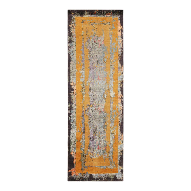 Rug & Kilim’s Modern Abstract Runner in Blue With Gold Patterns For Sale