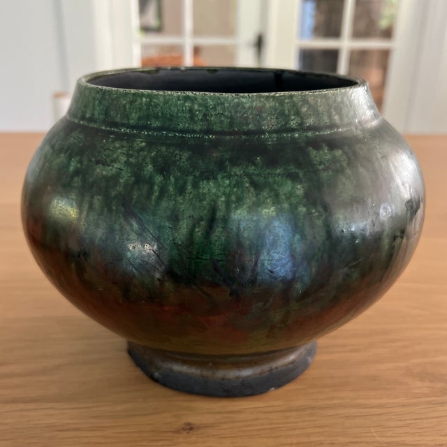 Vintage Raku Studio Pottery Vessel With Drop Green Iridescent Glaze For Sale In New York - Image 6 of 8