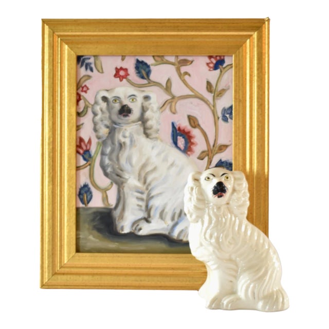 Barnabas the White Staffordshire Dog and His Portrait by Susannah Carson For Sale