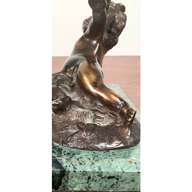 Metal Pair of Vintage Bronze Belle Époque Style Bacchic Putti Bookends on Verde Marble, in the Manner of Auguste Moreau For Sale - Image 7 of 12