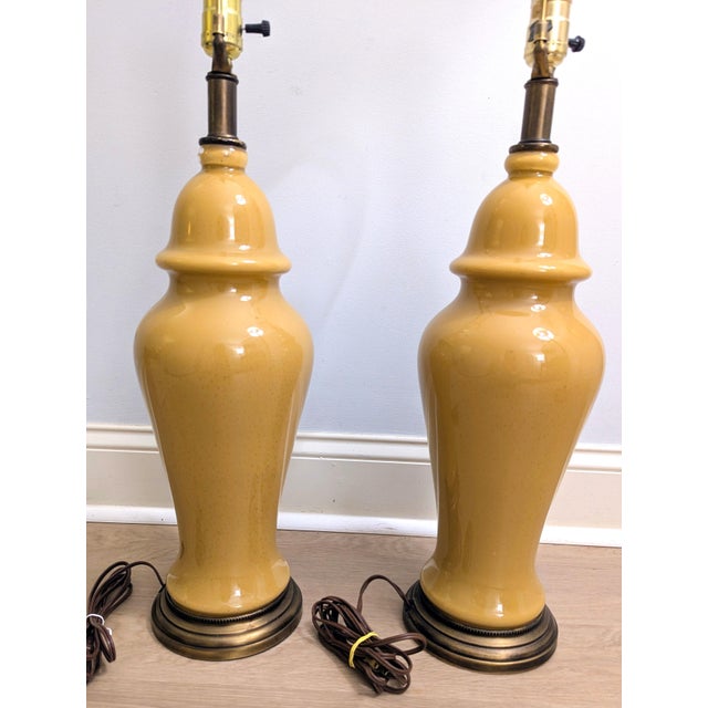 Mid Century Yellow Ceramic Lamp Pair Ginger Jar Style For Sale - Image 4 of 11