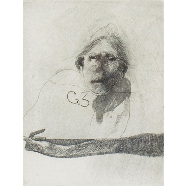A 1973 etching, titled "G3," by German American artist Robert Marx (1925-2020). This piece features the bust of a person...