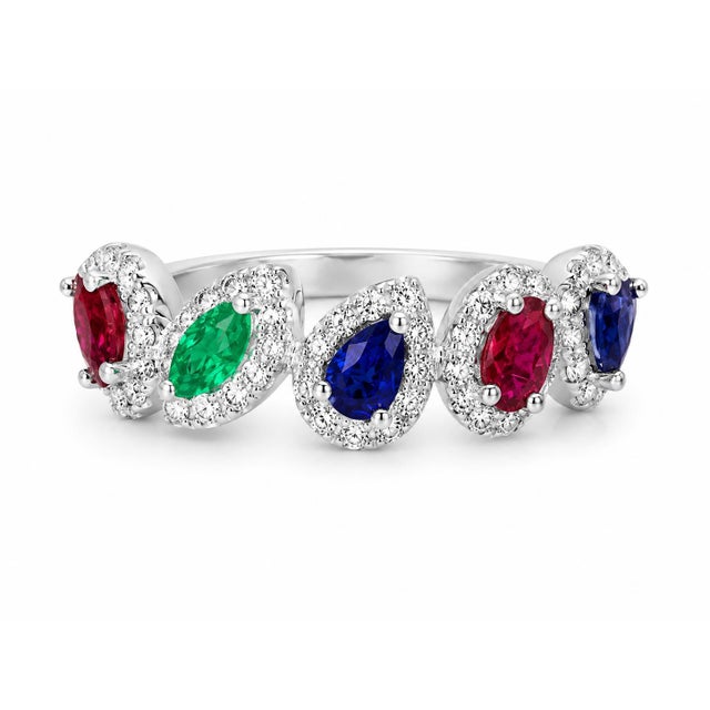 Mid 20th Century 18k White Gold Ruby Sapphire Emerald Diamond Band Ring Estate, Size 6.75 For Sale - Image 4 of 4