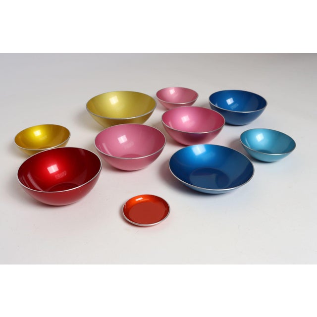 Mid-Century Modern enamel bowls along with a butter pat/small coaster designed by Bjørn Engø for Emalox (Norway, ca....