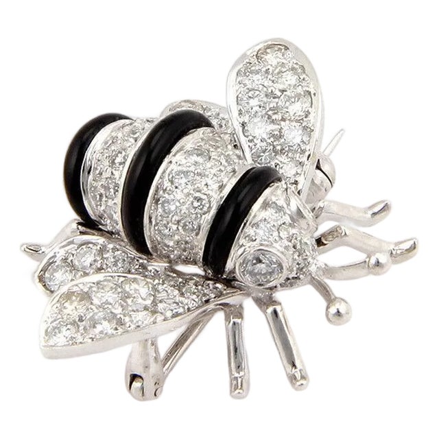 Diamond Onyx Bumble Bee 18k White Gold Pin Brooch For Sale