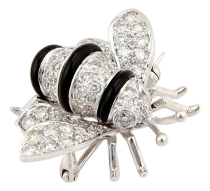 Diamond Onyx Bumble Bee 18k White Gold Pin Brooch