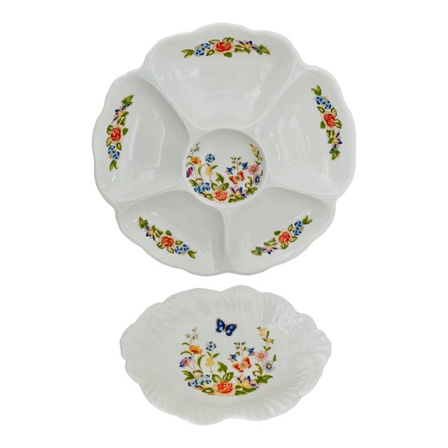 Vintage English Traditional Aynsley Butterflies Cottage Garden Platters Crudités Fine Bone China Dishes - Set of 2 For Sale