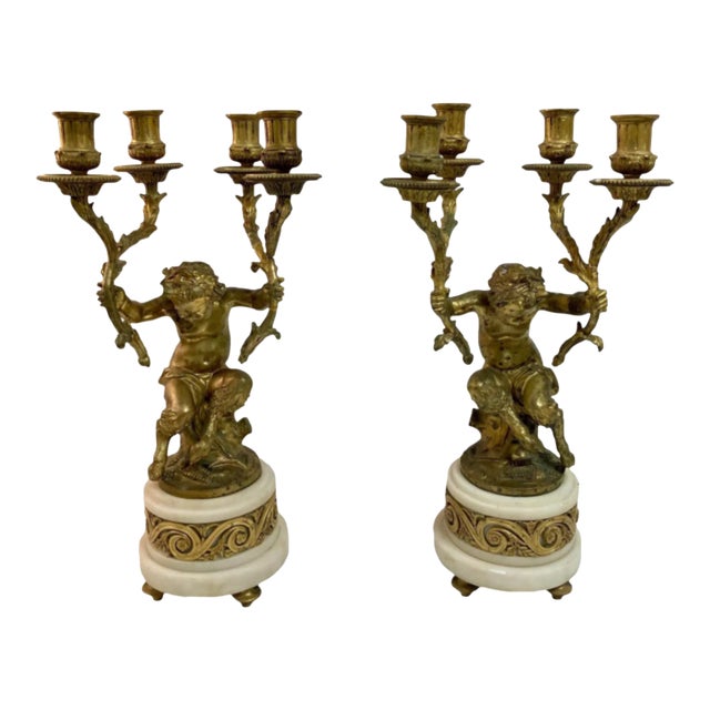 Large Pair of Antique French Gilt Bronze Putti Candelabra For Sale