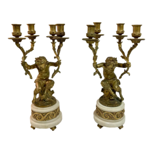 Large Pair of Antique French Gilt Bronze Putti Candelabra