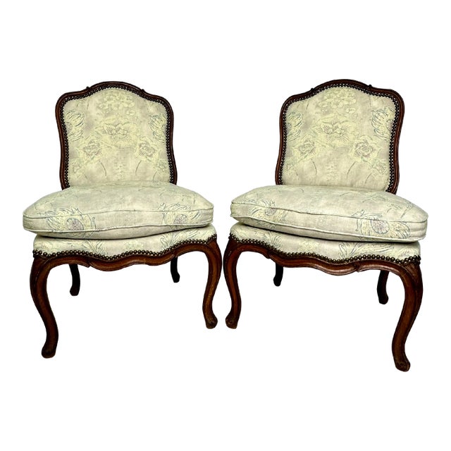 French Slipper Chair Carved Exposed Frame Floral Linen - a Pair For Sale