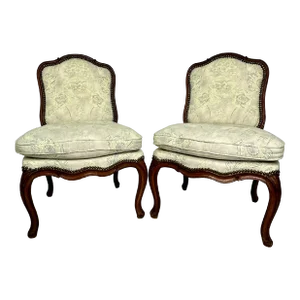 French Slipper Chair Carved Exposed Frame Floral Linen - a Pair