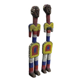 Cameroon Grassfields Bamileke Beaded Standing Figures, Pair For Sale