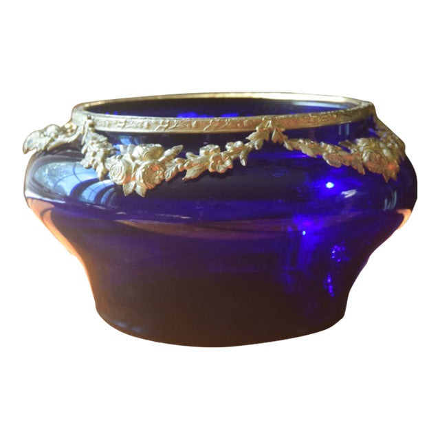 Antique French Cobalt Blue Glass Jardinière With Gilt Bronze Floral Garland Mounts For Sale