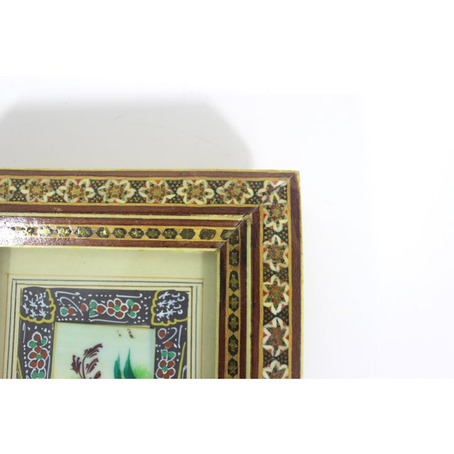 Vintage Miniature Hunting Painting in Persian Khatam Picture Frame With Bone, Wood and Brass Inlay, Table Top Easel Inlaid For Sale - Image 4 of 12