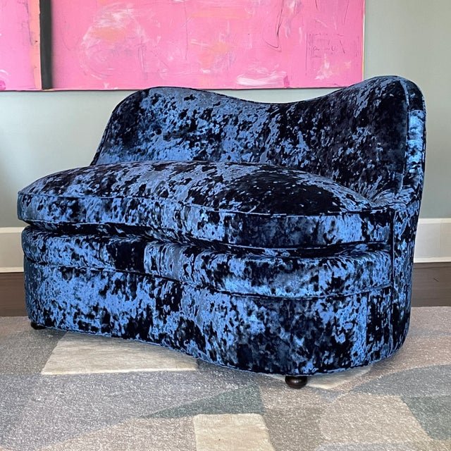 1950s Opulent Sapphire Blue Crushed Velvet Kidney Loveseats - a Pair For Sale - Image 9 of 11