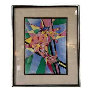 1977 Ronnie Geometric Abstract Skier Acrylic on Paper Painting, Framed