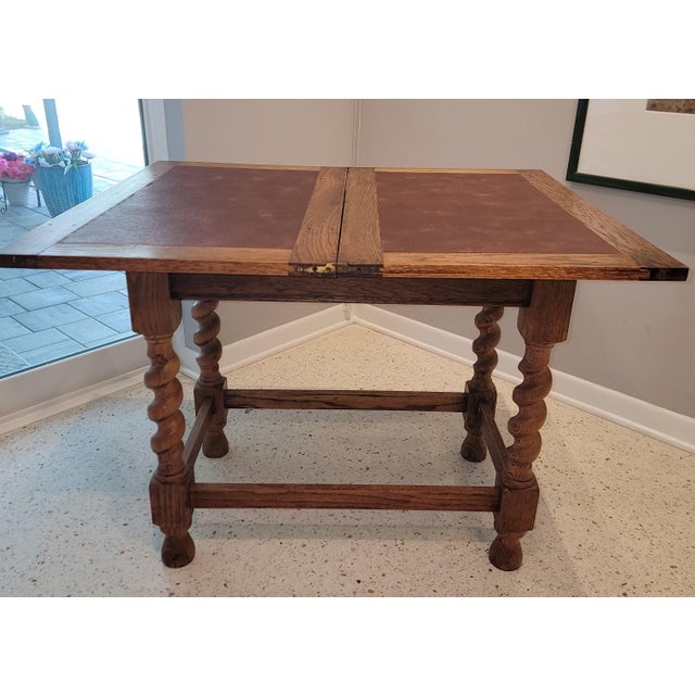 Farmhouse 1940s Oak Fold Top Barley Twist Card Table For Sale - Image 3 of 12