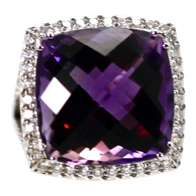 1980s Amethyst Ring 25 Carats with Diamond Border Size 7.5 For Sale