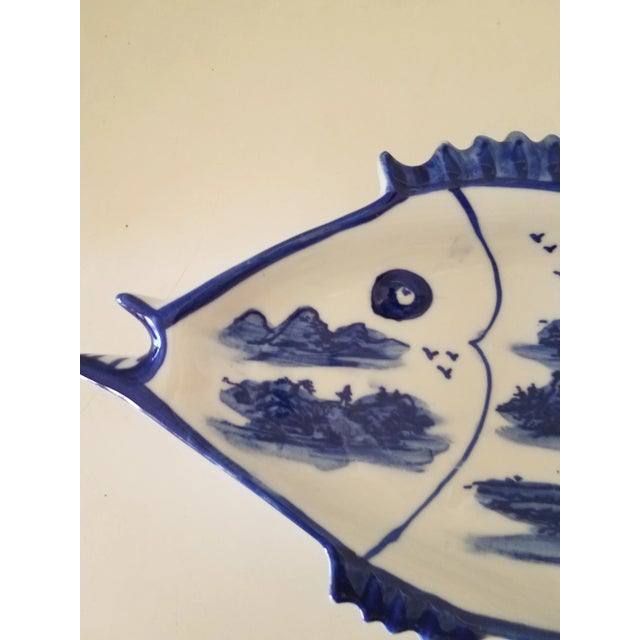 Vintage hand painted large blue & white fish dish. This trendy, decorative dish is Asian and marked on the bottom. It's...