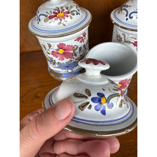 Rustic European Vintage Hand-Painted Faience Floral Ceramic Canister Set – European Country Kitchen Storage (Set of 3) For Sale - Image 3 of 12