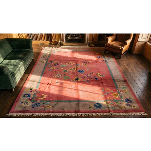 Textile 1920s Pink Floral Antique Chinese Art Deco Rug 9' X 11'6" Handknotted Wool Carpet For Sale - Image 7 of 9