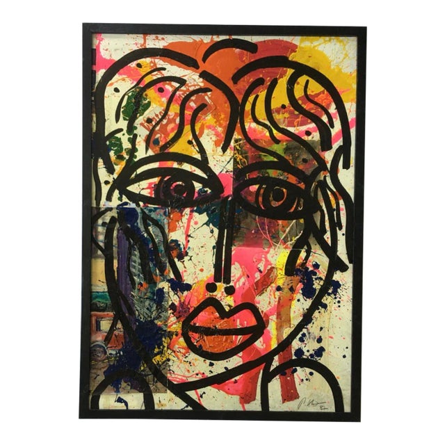 1980s Abstract Face Mixed-Media Painting by Peter Keil, Framed For Sale