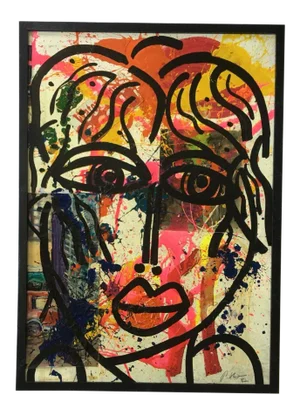 1980s Abstract Face Mixed-Media Painting by Peter Keil, Framed