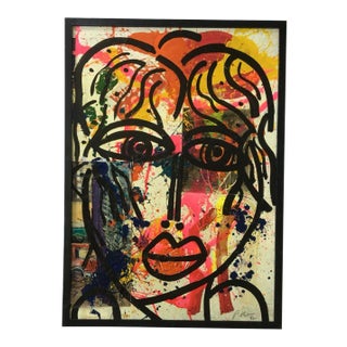 Peter Keil, Large Abstract Face Mixed-Media Painting, 1980s For Sale