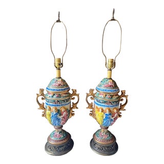 Pair of Mid 20th Century L&L WMC Hollywood Regency Boudoir Hand Painted Lamps For Sale