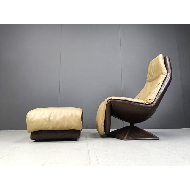 Set of Vintage Leather Swivel Chair and Ottoman, 1970s For Sale - Image 6 of 12