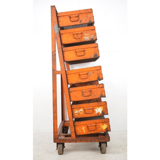 Orange Mid 20th Century Industrial Seven Tray Orange Steel Rolling Cart For Sale - Image 8 of 9