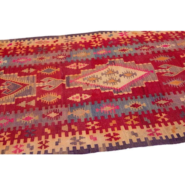 Tribal Mid-20th Century Turkish Kilim Red Handmade Tribal Wool Runner For Sale - Image 3 of 8