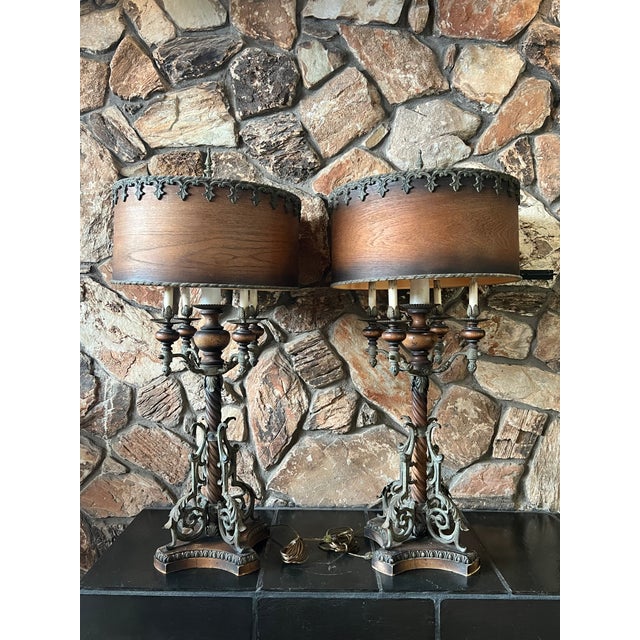 Wood Mid 20th Century Monumental Spanish Colonial Wood & Wrought Iron Table Lamps With Wood Lampshades - a Pair For Sale - Image 7 of 11