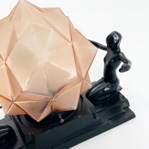 Art Deco Frankart Table Lamp with Kneeling Women and Amber Geometric Glass Shade, 1930s For Sale - Image 13 of 16