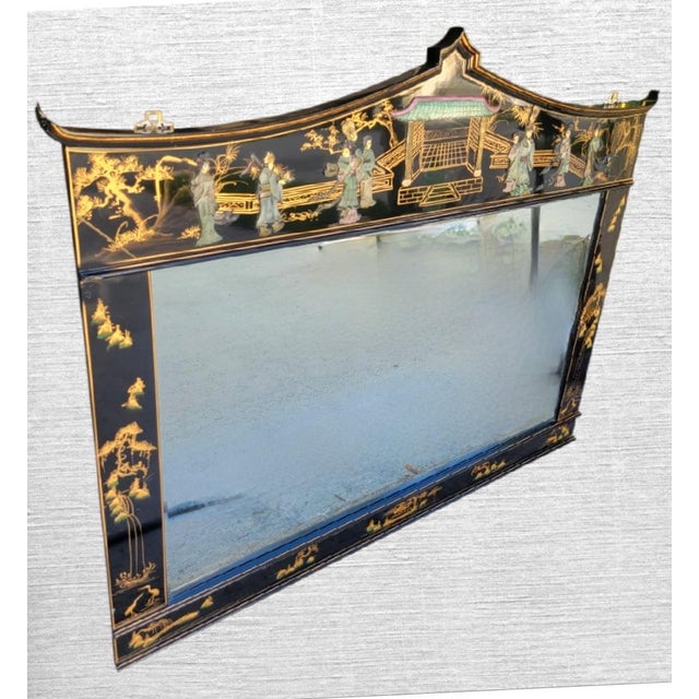 1980s Monumental Vintage Chinoiserie Black Lacquer Soapstone Carved Pagoda Regency Rectangular Mirror For Sale - Image 5 of 14