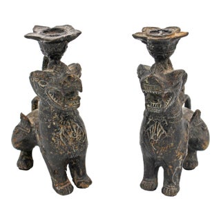 Late 19th Century Pair of Bronze Burmese Chinthe Temple Guardian Lions For Sale