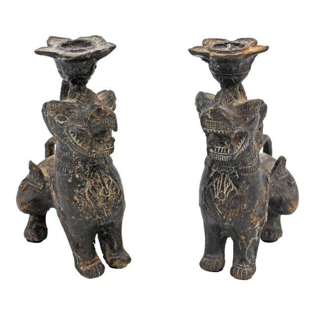 Late 19th Century Pair of Bronze Burmese Chinthe Temple Guardian Lions For Sale