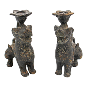 Late 19th Century Pair of Bronze Burmese Chinthe Temple Guardian Lions