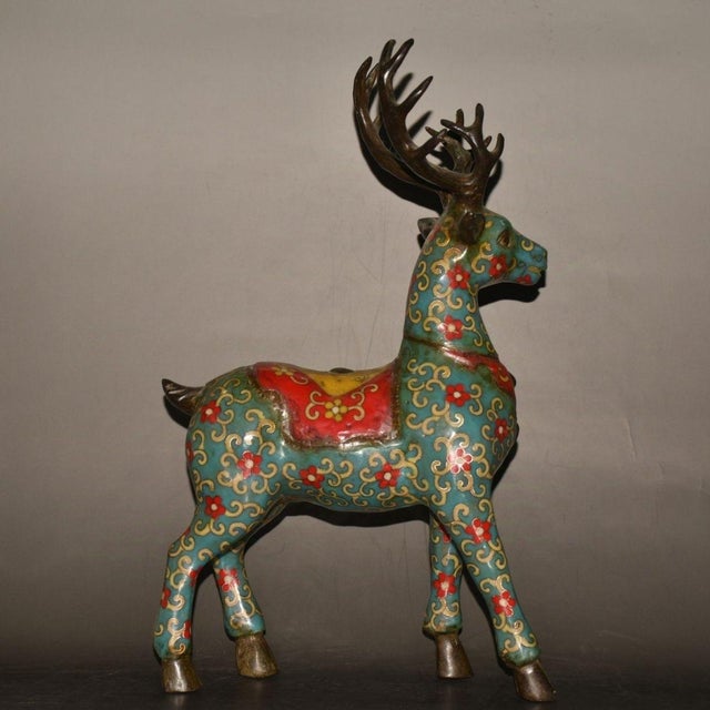 Monumental Pair of Vintage Cloisonné Enamel & Gilt Bronze Deer Figures For Sale - Image 9 of 9