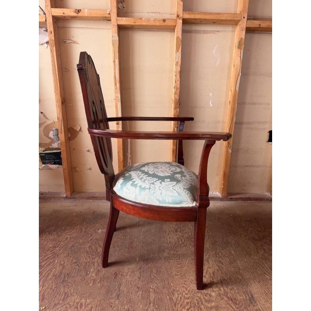 Antique Art Nouveau Marquetry Mixed Wood Oak Open Armchair For Sale - Image 11 of 17