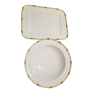 Huge Vintage Ceramic Williams Sonoma White Green Faux Bamboo Trim Giant Serving Platters- A Pair