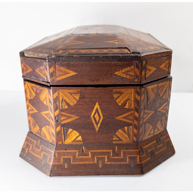 19th Century 19th Century American Folk Tramp Art Parquetry Inlaid Jewelry Box For Sale - Image 5 of 13