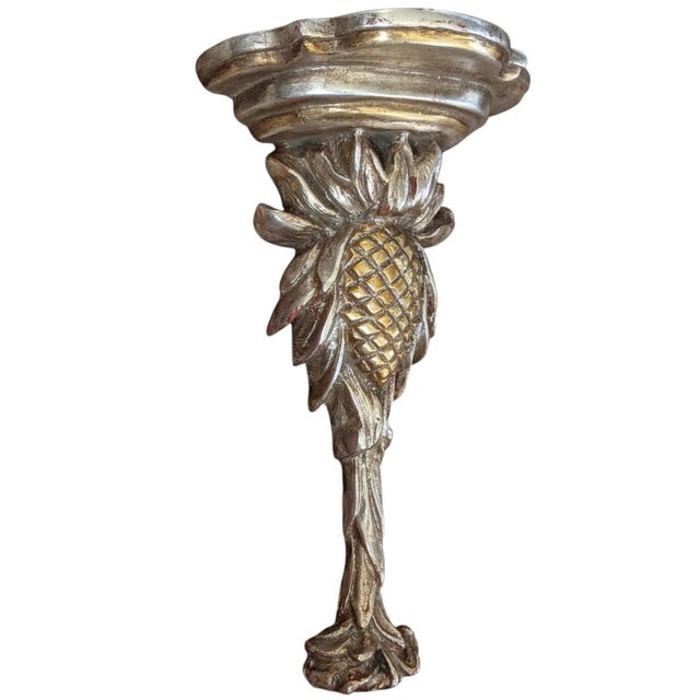 Vintage Silver and Gold Leafed Plaster Pineapple Decorative Wall Brackets- A Pair For Sale - Image 11 of 16