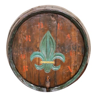 19th Century French Painted Oak Wine Barrel Front With Fleur-De-Lis Decor For Sale