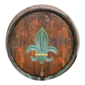 19th Century French Painted Oak Wine Barrel Front With Fleur-De-Lis Decor