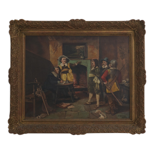 J. Cotton Oil on Canvas Painting of Noblemen by Fireplace - Signed