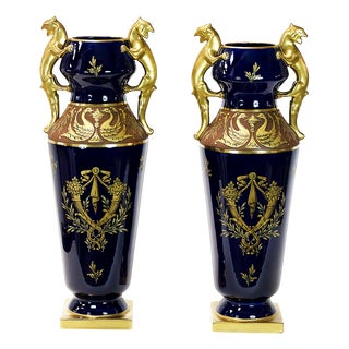 Large French Porcelain Cobalt Blue Vases by Maurice Pinon, 1930s, Set of 2 For Sale
