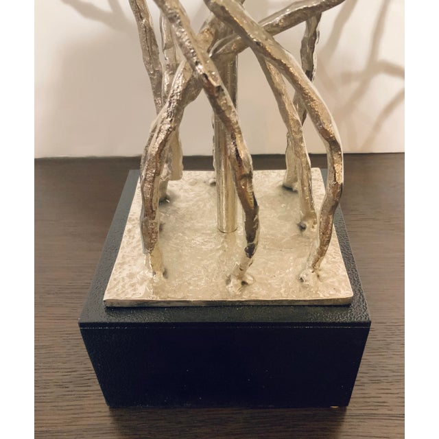 Stylish John Richard Modern Silver Finished Metal Sapling Table Lamp, black base, white fabric shade, showroom floor sample