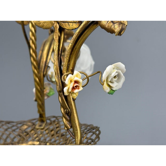 Belle Epoque Style, Basket Chandelier, Bronze, Porcelain, 1940s For Sale - Image 10 of 14