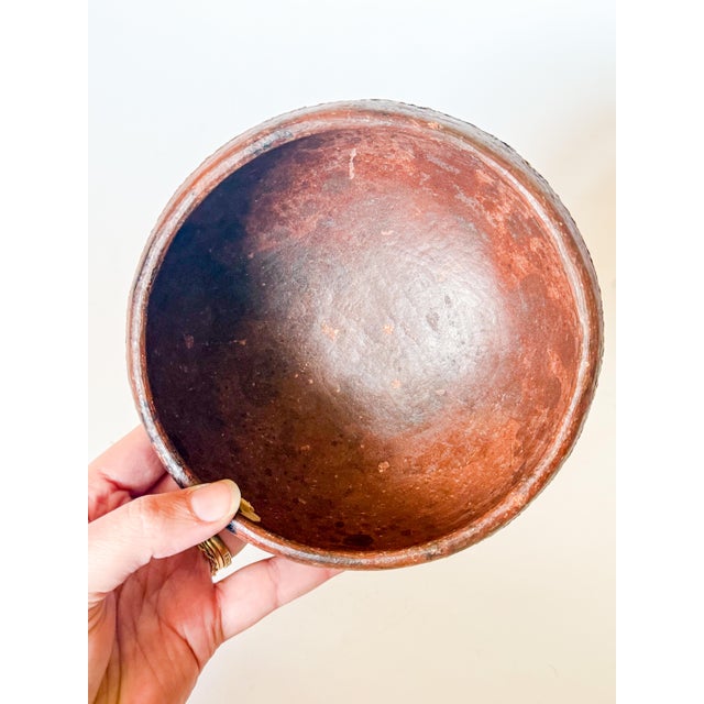 Brown Vintage Folk Art Redware Clay Bowl For Sale - Image 8 of 10